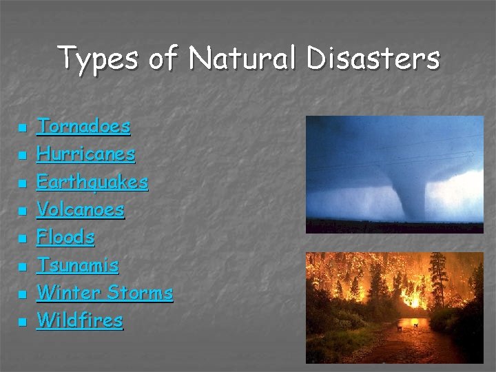 Types of Natural Disasters n n n n Tornadoes Hurricanes Earthquakes Volcanoes Floods Tsunamis