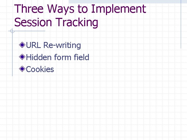 Three Ways to Implement Session Tracking URL Re-writing Hidden form field Cookies 