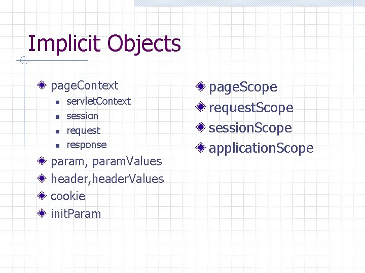 Implicit Objects page. Context n n servlet. Context session request response param, param. Values