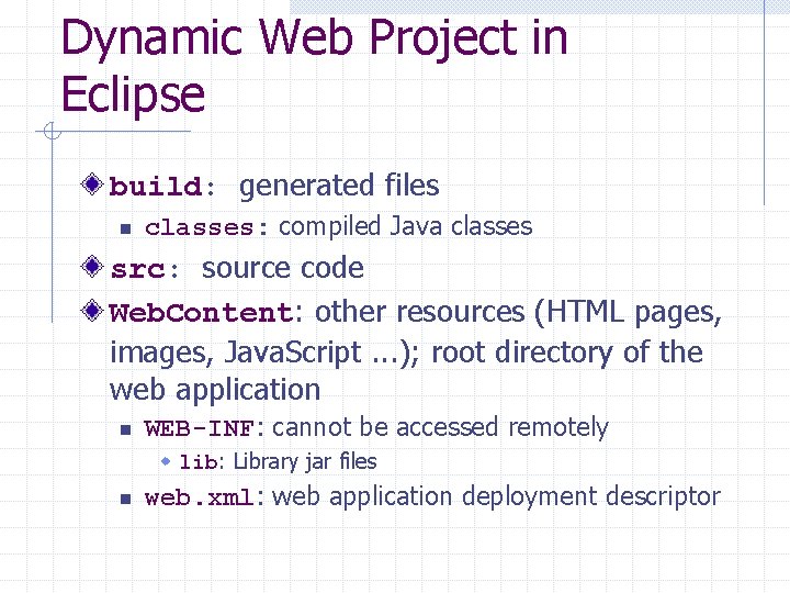 Dynamic Web Project in Eclipse build: generated files n classes: compiled Java classes src: