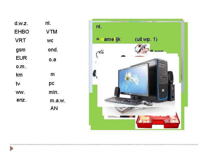 d. w. z. nl. EHBO VTM VRT wc gsm ond. EUR o. a o.