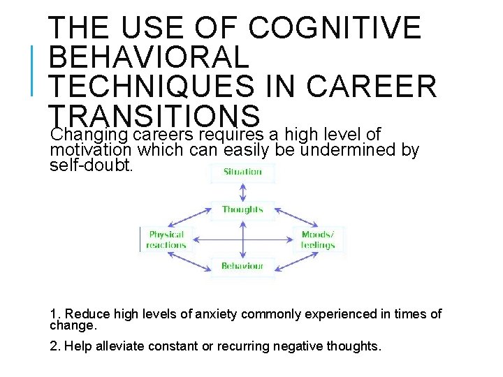 THE USE OF COGNITIVE BEHAVIORAL TECHNIQUES IN CAREER TRANSITIONS Changing careers requires a high