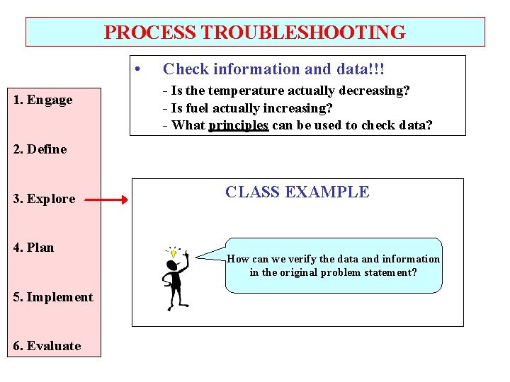 PROCESS TROUBLESHOOTING • 1. Engage Check information and data!!! - Is the temperature actually