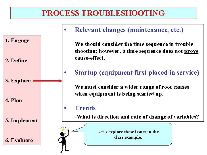 PROCESS TROUBLESHOOTING • 1. Engage Relevant changes (maintenance, etc. ) We should consider the