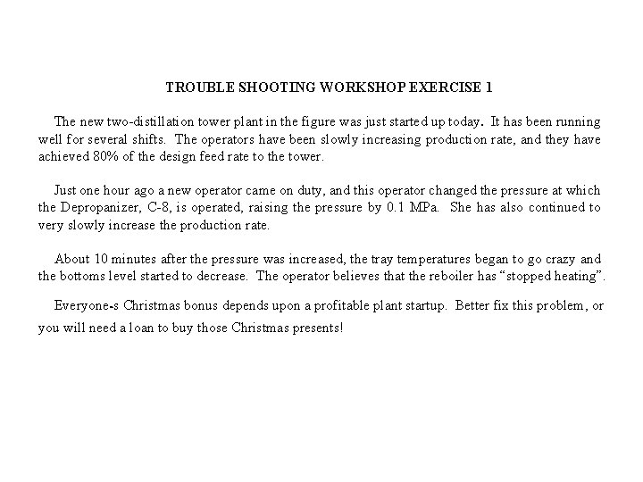 TROUBLE SHOOTING WORKSHOP EXERCISE 1 The new two-distillation tower plant in the figure was
