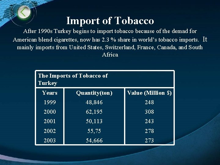 Import of Tobacco After 1990 s Turkey begins to import tobacco because of the