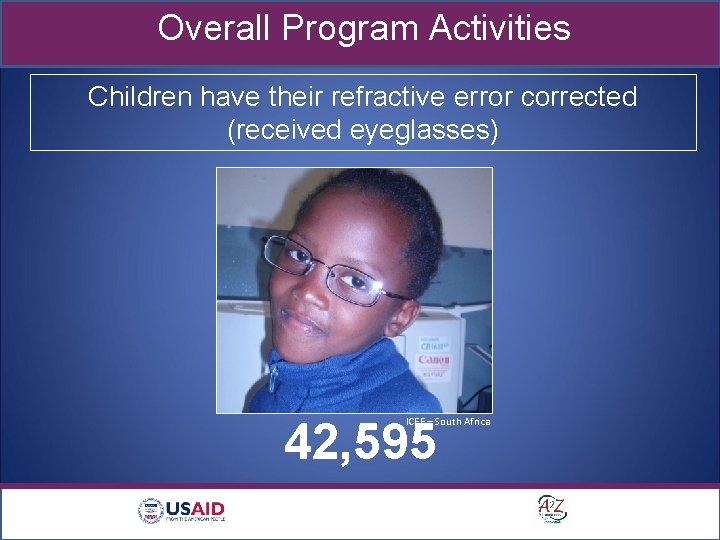 Overall Program Activities Children have their refractive error corrected (received eyeglasses) 42, 595 ICEE