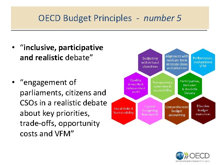 OECD Budget Principles - number 5 • “inclusive, participative and realistic debate” • “engagement