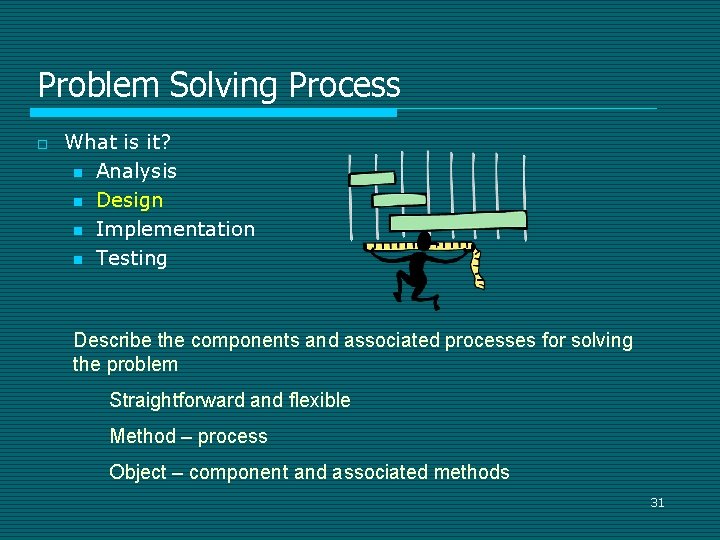 Problem Solving Process o What is it? n Analysis n Design n Implementation n