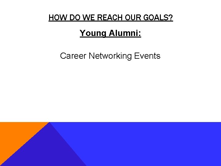 HOW DO WE REACH OUR GOALS? Young Alumni: Career Networking Events 