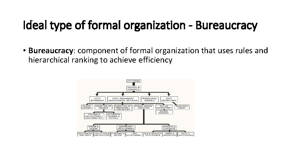 Ideal type of formal organization - Bureaucracy • Bureaucracy: component of formal organization that