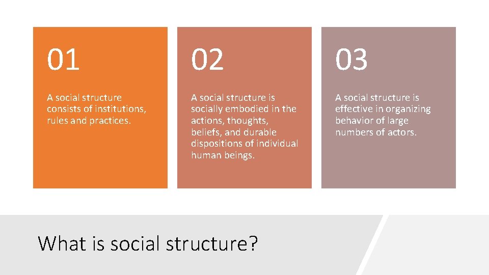 01 02 03 A social structure consists of institutions, rules and practices. A social