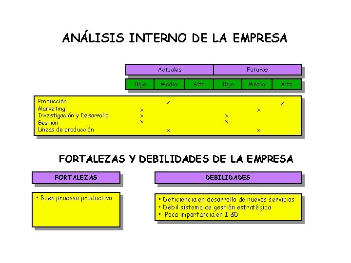 ANÁLISIS INTERNO DE LA EMPRESA Actuales Bajo Producción Marketing Investigación y Desarrollo Gestión Líneas