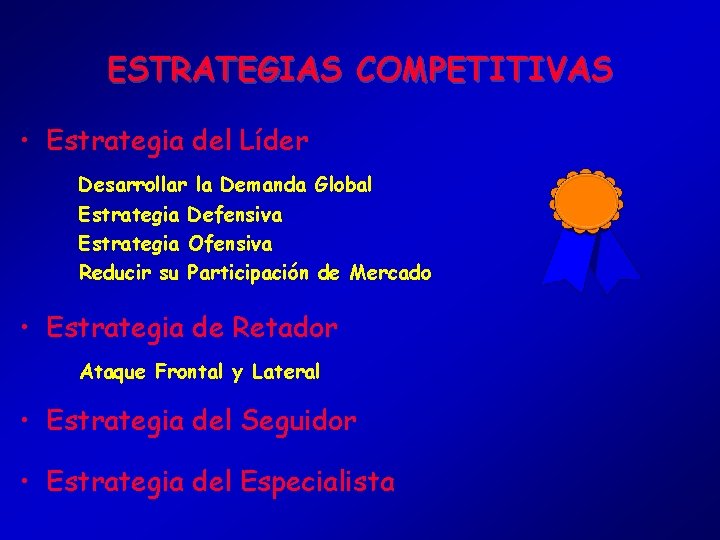 ESTRATEGIAS COMPETITIVAS • Estrategia del Líder Desarrollar la Demanda Global Estrategia Defensiva Estrategia Ofensiva