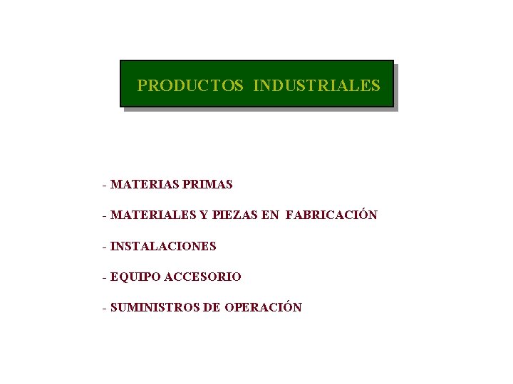PRODUCTOS INDUSTRIALES - MATERIAS PRIMAS - MATERIALES Y PIEZAS EN FABRICACIÓN - INSTALACIONES -