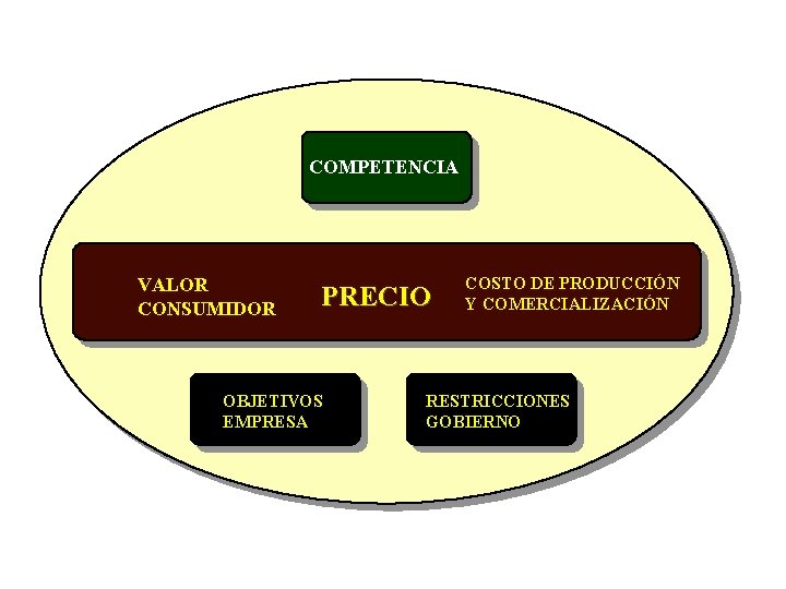 COMPETENCIA VALOR CONSUMIDOR PRECIO OBJETIVOS EMPRESA COSTO DE PRODUCCIÓN Y COMERCIALIZACIÓN RESTRICCIONES GOBIERNO 