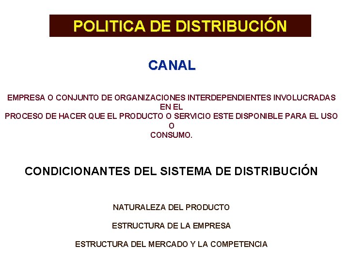 POLITICA DE DISTRIBUCIÓN CANAL EMPRESA O CONJUNTO DE ORGANIZACIONES INTERDEPENDIENTES INVOLUCRADAS EN EL PROCESO