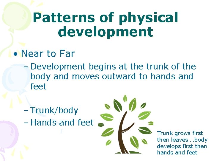 Patterns of physical development • Near to Far – Development begins at the trunk