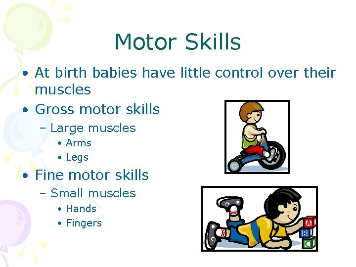 Motor Skills • At birth babies have little control over their muscles • Gross