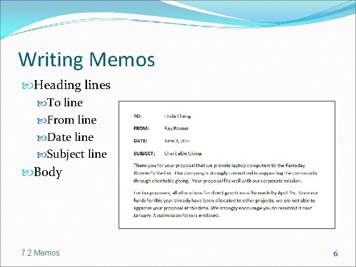 Writing Memos Heading lines To line From line Date line Subject line Body 7.