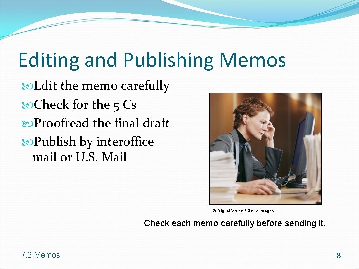 Editing and Publishing Memos Edit the memo carefully Check for the 5 Cs Proofread