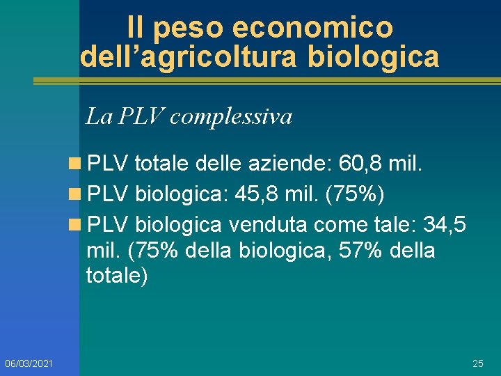 Il peso economico dell’agricoltura biologica La PLV complessiva n PLV totale delle aziende: 60,
