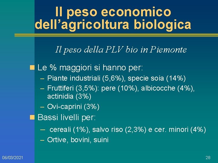 Il peso economico dell’agricoltura biologica Il peso della PLV bio in Piemonte n Le