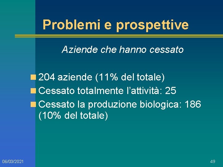 Problemi e prospettive Aziende che hanno cessato n 204 aziende (11% del totale) n