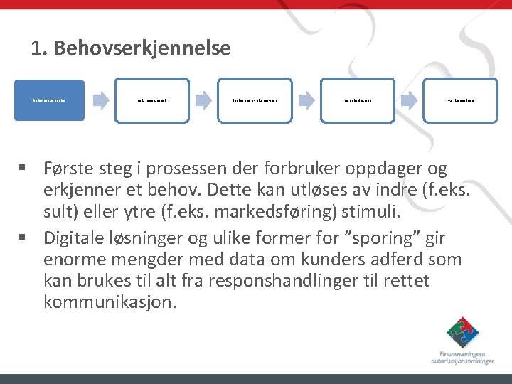 1. Behovserkjennelse Informasjonssøk Evaluering av alternativer Kjøpsbeslutning Etterkjøpsadferd § Første steg i prosessen der