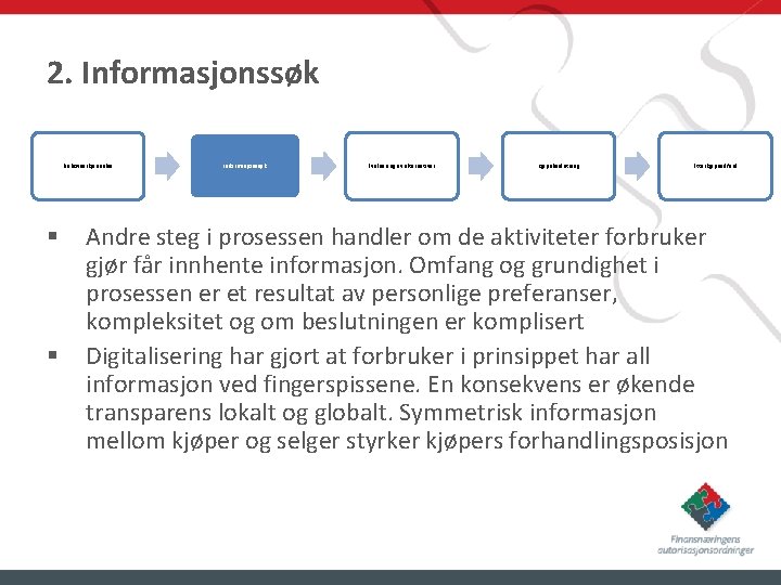 2. Informasjonssøk Behovserkjennelse § § Informasjonssøk Evaluering av alternativer Kjøpsbeslutning Etterkjøpsadferd Andre steg i