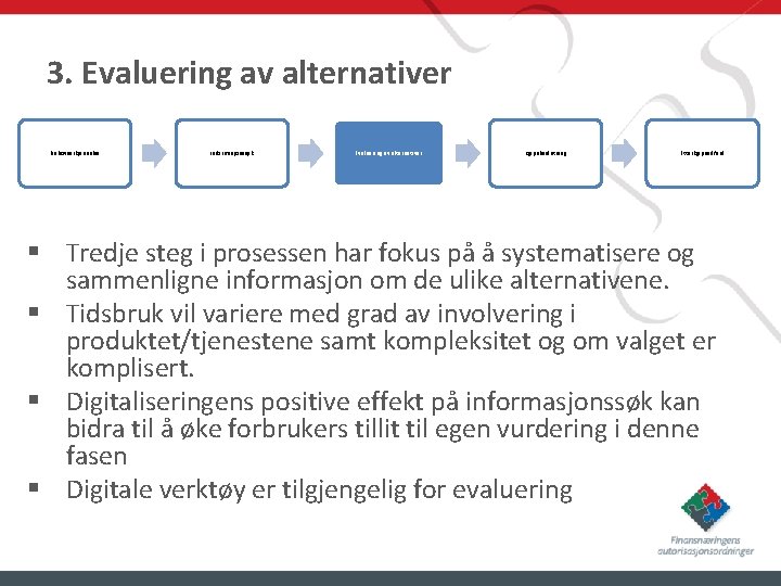 3. Evaluering av alternativer Behovserkjennelse Informasjonssøk Evaluering av alternativer Kjøpsbeslutning Etterkjøpsadferd § Tredje steg