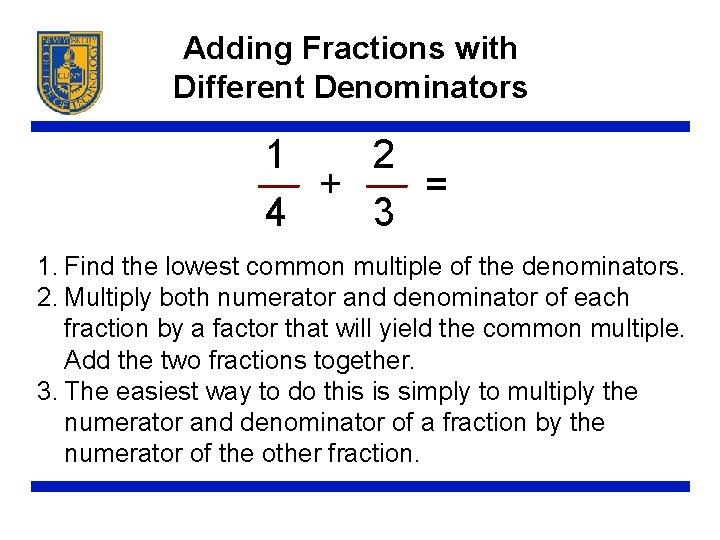 Adding Fractions with Different Denominators 1 2 + = 4 3 1. Find the