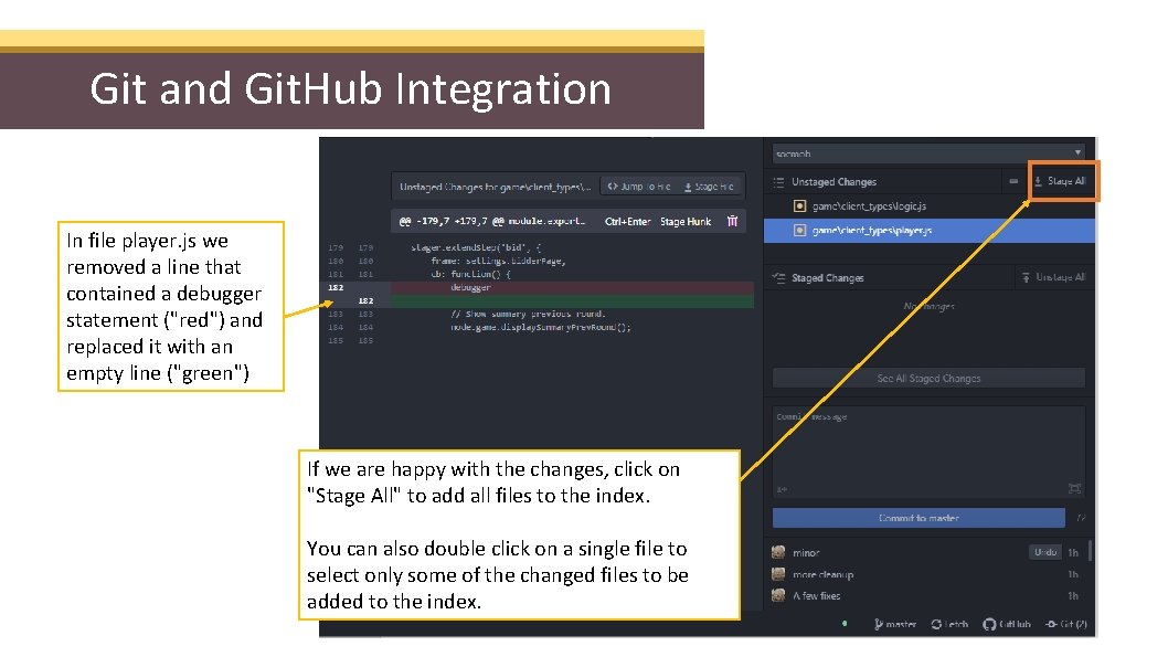 Git and Git. Hub Integration In file player. js we removed a line that