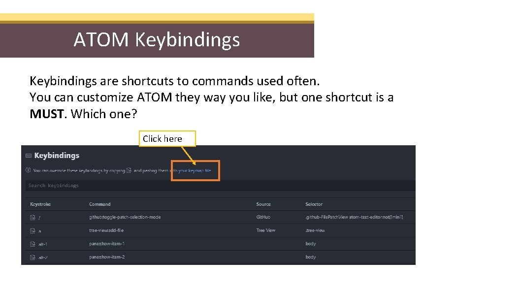 ATOM Keybindings are shortcuts to commands used often. You can customize ATOM they way