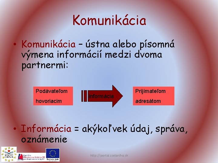 Komunikácia • Komunikácia – ústna alebo písomná výmena informácií medzi dvoma partnermi: Podávateľom hovoriacim