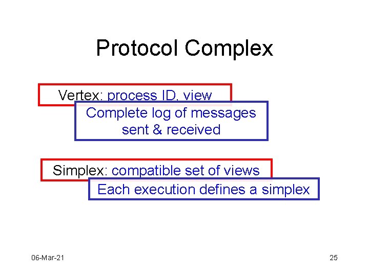 Protocol Complex Vertex: process ID, view Complete log of messages sent & received Simplex: