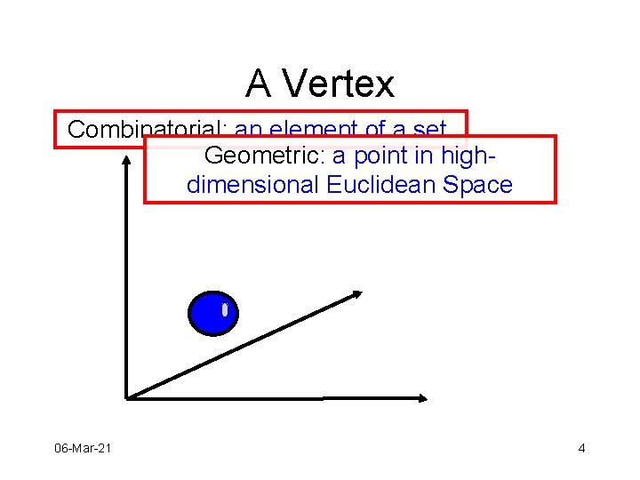 A Vertex Combinatorial: an element of a set. Geometric: a point in highdimensional Euclidean