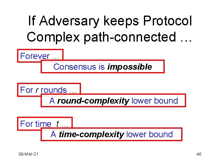 If Adversary keeps Protocol Complex path-connected … Forever … Consensus is impossible For r