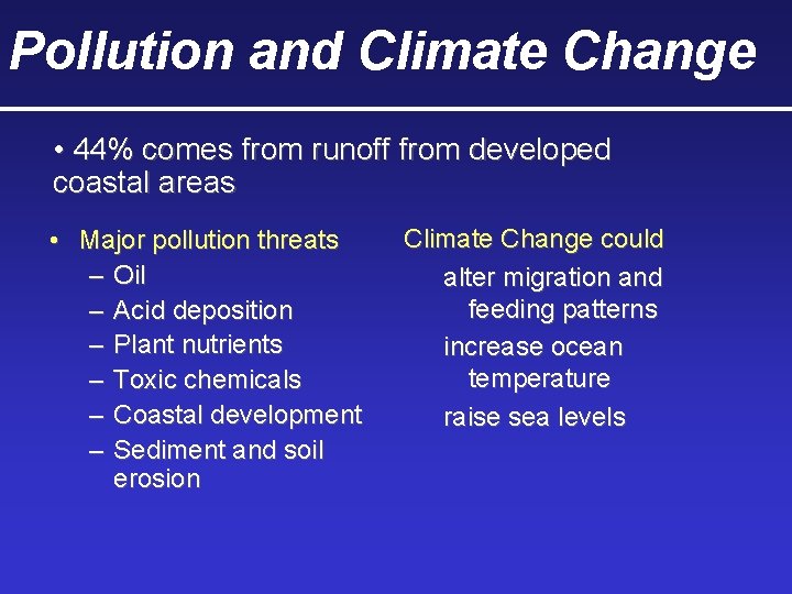 Pollution and Climate Change • 44% comes from runoff from developed coastal areas •