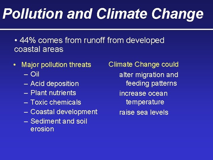 Pollution and Climate Change • 44% comes from runoff from developed coastal areas • Pollution and Climate Change • 44% comes from runoff from developed coastal areas •