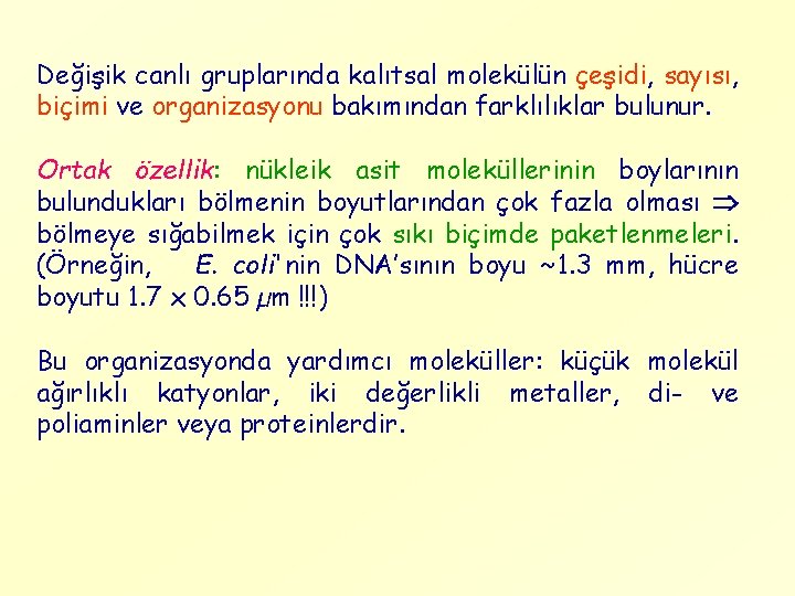 Değişik canlı gruplarında kalıtsal molekülün çeşidi, sayısı, biçimi ve organizasyonu bakımından farklılıklar bulunur. Ortak