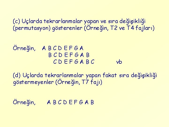 (c) Uçlarda tekrarlanmalar yapan ve sıra değişikliği (permutasyon) gösterenler (Örneğin, T 2 ve T