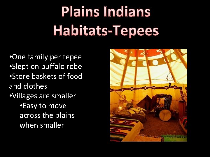 Plains Indians Habitats-Tepees • One family per tepee • Slept on buffalo robe •