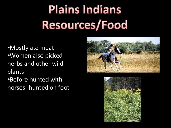 Plains Indians Resources/Food • Mostly ate meat • Women also picked herbs and other