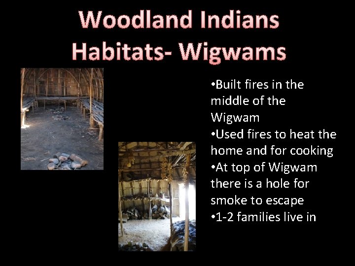 Woodland Indians Habitats- Wigwams • Built fires in the middle of the Wigwam •