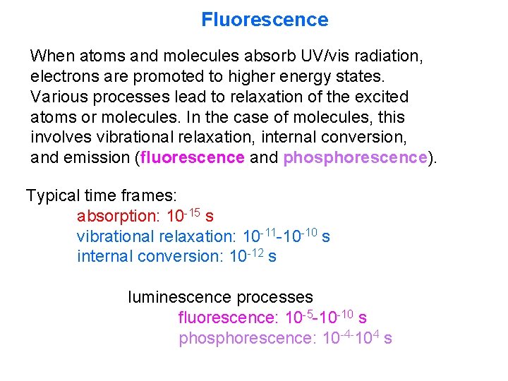 Fluorescence When atoms and molecules absorb UV/vis radiation, electrons are promoted to higher energy