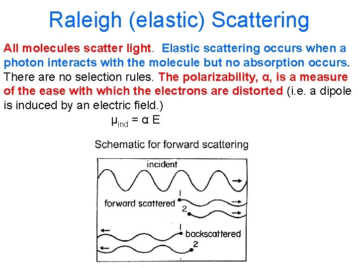 Raleigh (elastic) Scattering All molecules scatter light. Elastic scattering occurs when a photon interacts