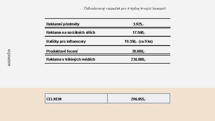 Odhadovaný rozpočet pro 4 týdny trvající kampaň Reklamní předměty 3. 925, - Reklama na