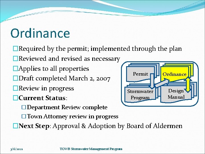 Ordinance �Required by the permit; implemented through the plan �Reviewed and revised as necessary