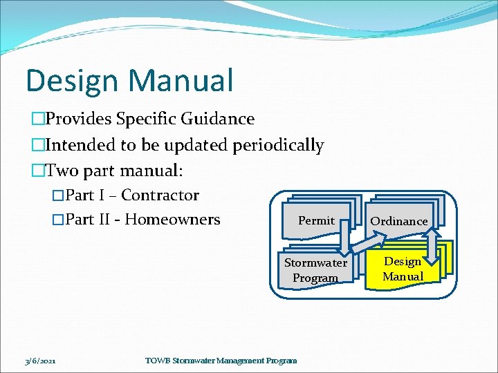 Design Manual �Provides Specific Guidance �Intended to be updated periodically �Two part manual: �Part